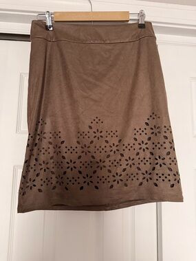 Tribal Brown Faux Suede A-Line Skirt with Laser-Cut Floral Border